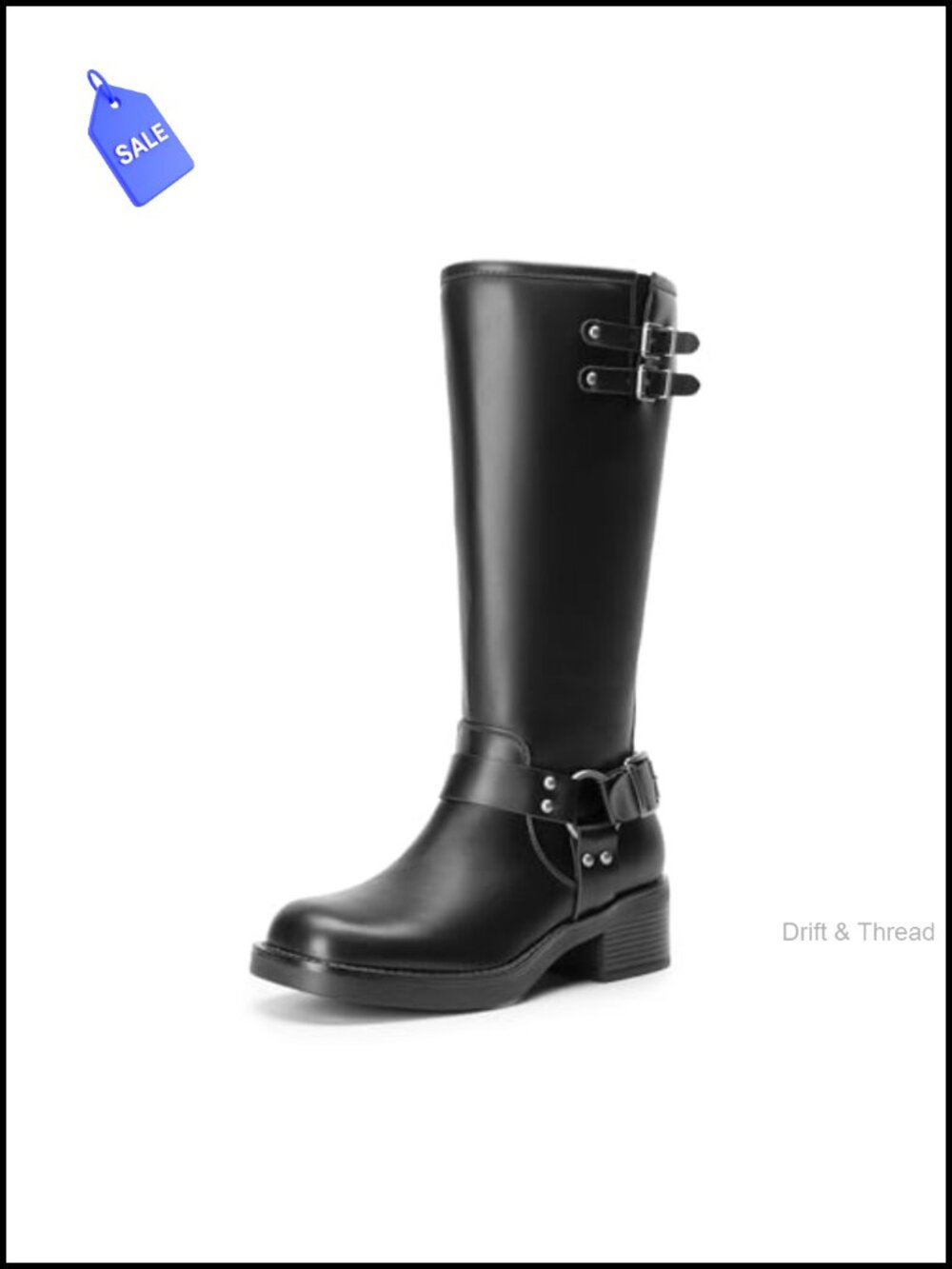 Women's Square Toe Moto Knee High Boots Block Heel Faux Leather